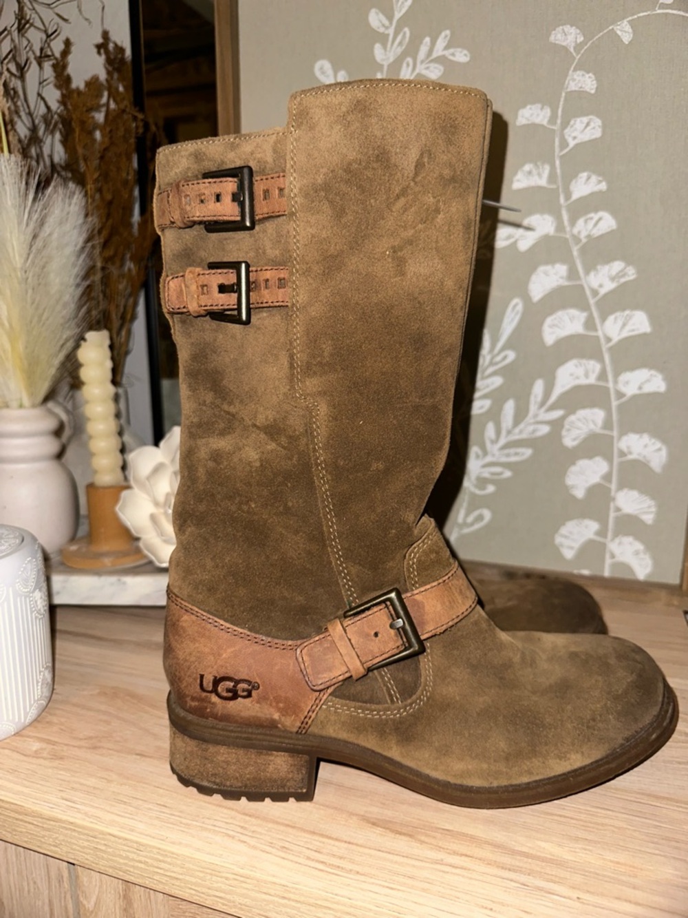UGG Tan Suede Mid-Calf Buckle Boots